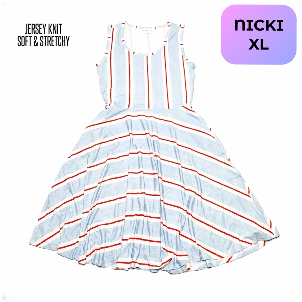 LuLaRoe Nicki Dress in Lt. Blue, White and Red Stripes